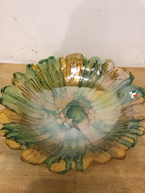 16" Il Quadrifoglio Green Yellow Metallic Glass Bowl