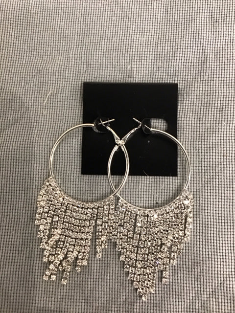 Silvertoned Fringe Rhinestone Hoop Earrings