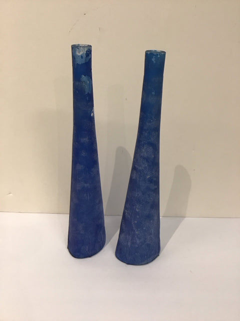 14" Pair Blue Weathered Crystal Vases