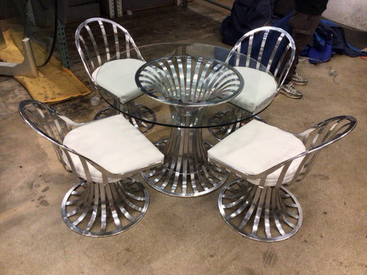 AS-IS 42" Round Glass Top Slatted Aluminum Pedestal Dining Table W/4 Chairs