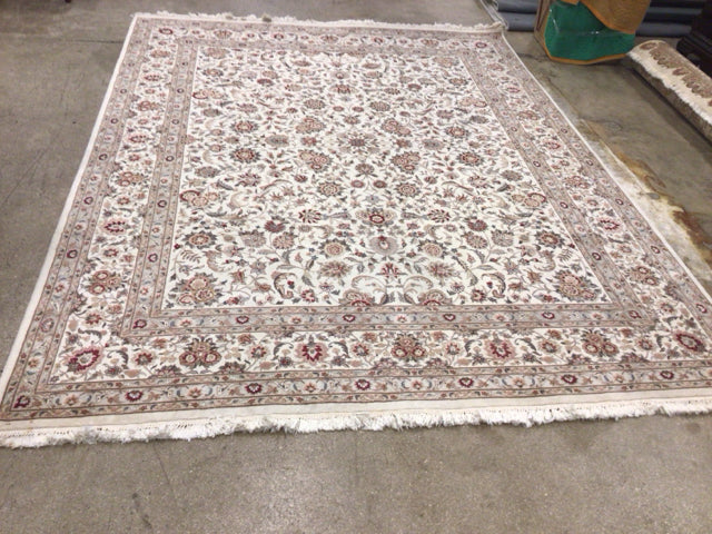 AS-IS 7'9" X 10'6" Salmon & Cream Floral Fringe Rug(Stained On Trim)