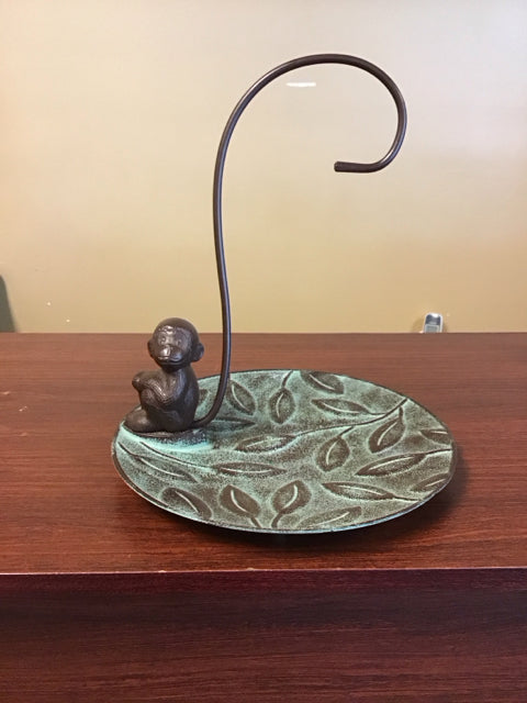 12" Green/Brown Metal Leaf & Monkey Motif Tray