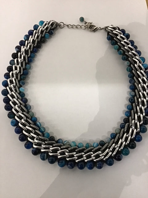 Multi Blue Beaded Silver Link Necklace