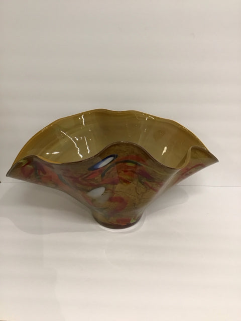 20" Blown Red/Gold Glass Abstract Bowl