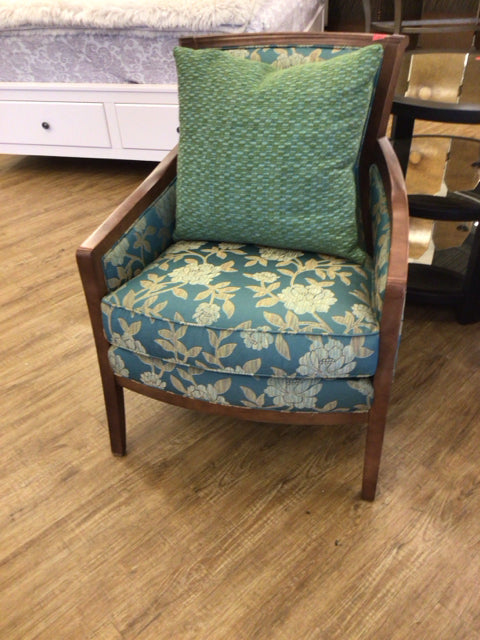 Sam Moore Blue & Gold Floral Pattern Wood Arm Chair W/Pillow