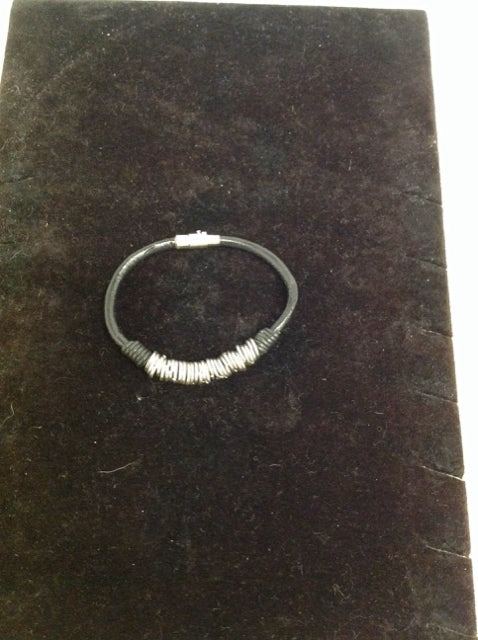 Black Leather Bracelet w/Silver Rings