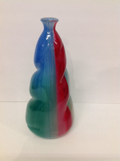 14" Art Deco Glass Vase Red/Blue w/Narrow Top