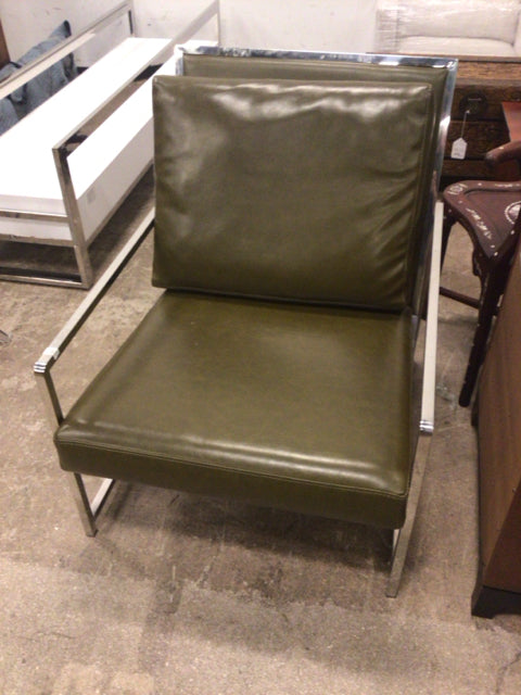 Olive Green Vinyl & Chorme Arm Chair W/Pillow