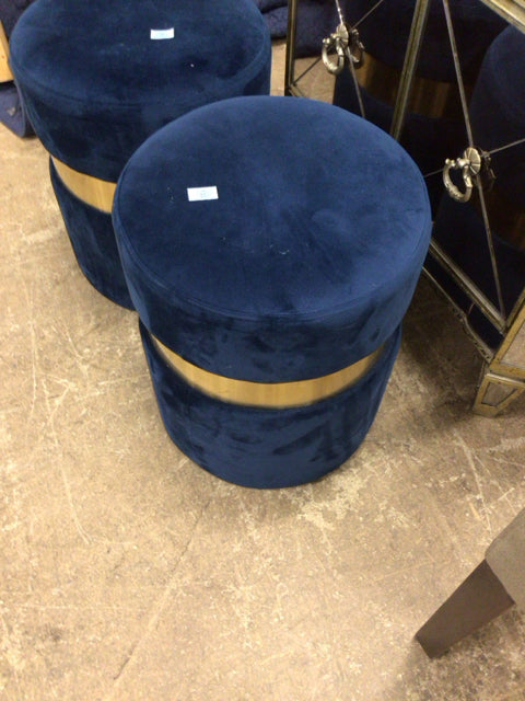 14" Round Blue Fabric Gold Accent Ottoman