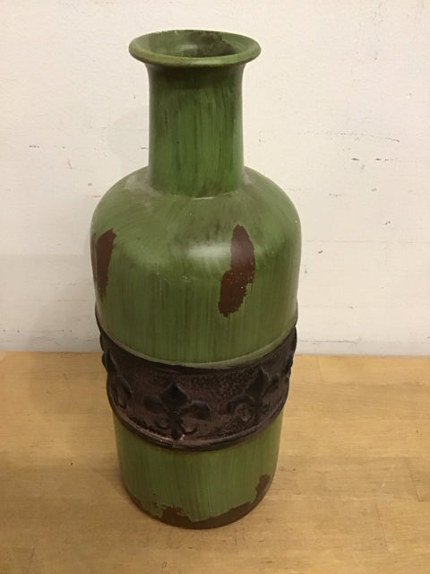 13" Antique Style Green & Brown Metal Medallion Vase