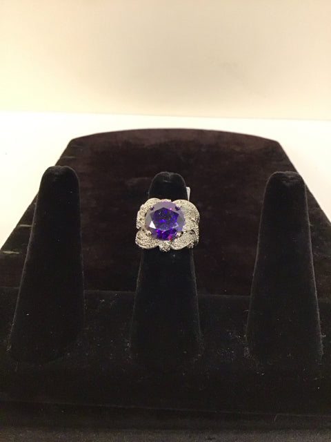 Silver Ring w/Rd Purple Faceted Stone