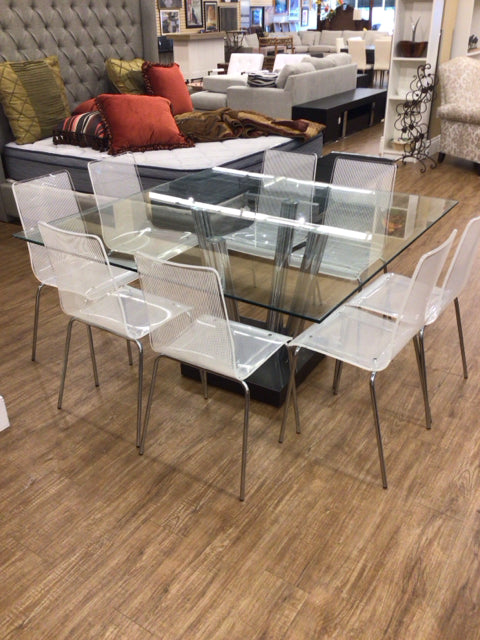 AS-IS 54" Square Sklar Glass Top Pedestal Dining Table W/8 Chairs(Bolts Missing)
