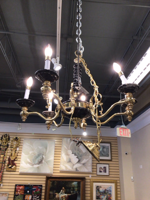 6 Light Black Faux Marble & Brass Chandelier