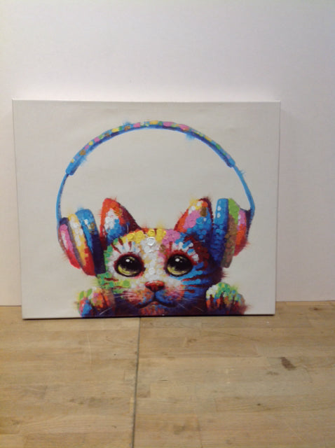 24"Sq Abstract Multicolor Cat on Canvas
