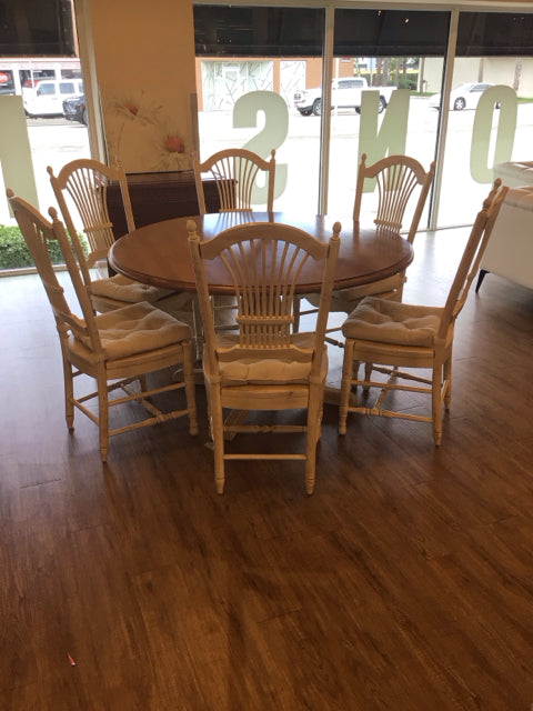 Round Hardwood Top Cream Base Dining Table W/6 Chairs
