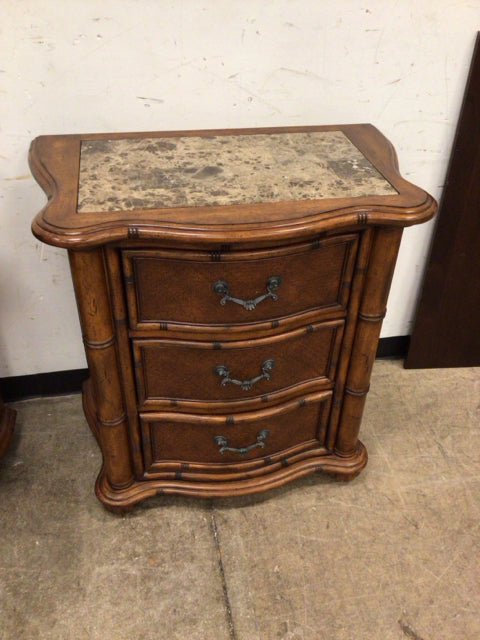 Marble Insert Top Three Drawer Rattan Nightstand