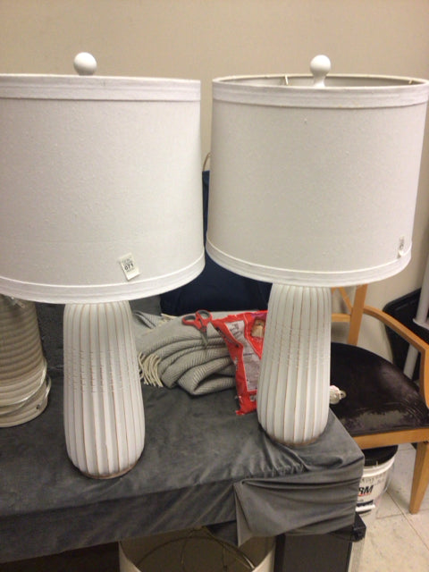 26 1/2" Pair Of White Wood Ribbed Table Lamps W/Shades