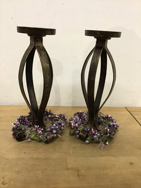 Pair Of 11" Metal Purple/Lavender Beaded Candle Holder