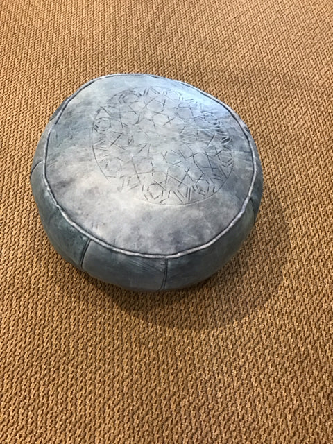 17" Blue Leather Pouf