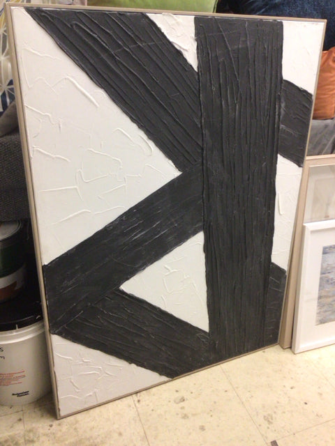 30" X 40 1/4" Wood Framed Textured Black & White Abstract Print On Canvas