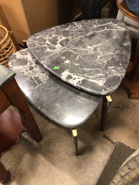 Pair Of Marble Grey Nesting Coffee Tables W/Brass Legs