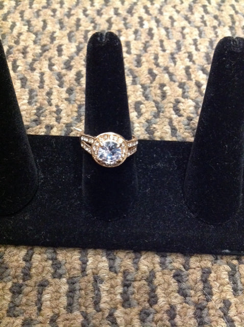 Gold Metal Engagement Ring w/Crystal Center Stone