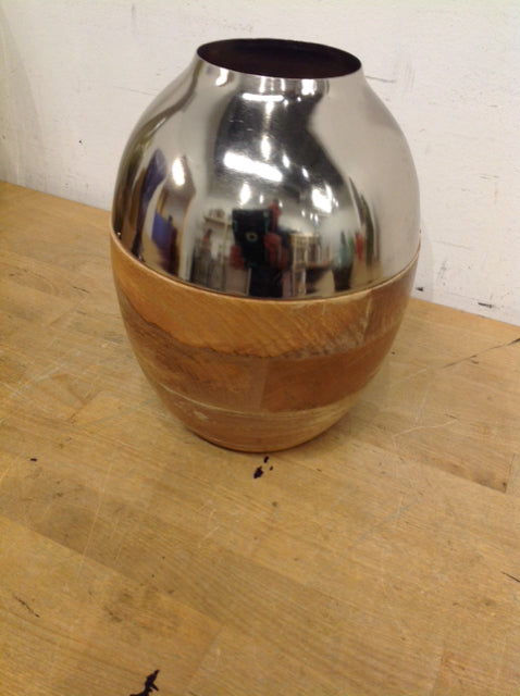 Vase- 10" Wood & Silver Metal