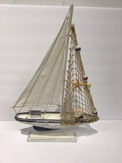 20" White Wooden Sailboat on Stand