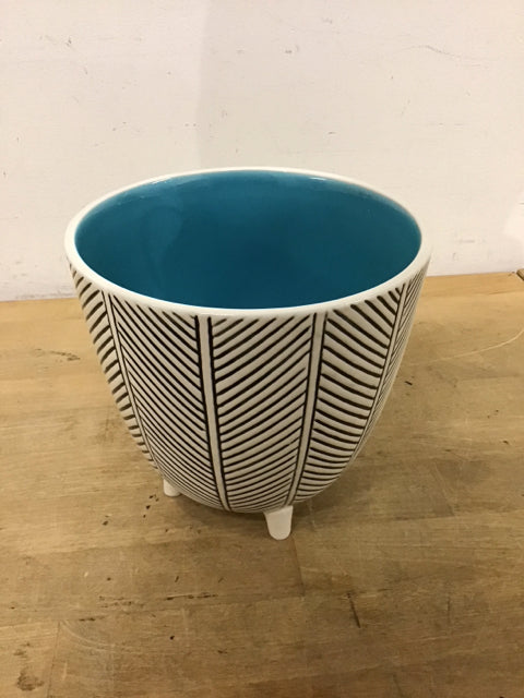 6" West Elm White Black W/Aqua Interior Footed Vase