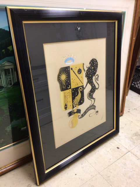 29" X 34" Black & Gold Framed Lion/Shield Print