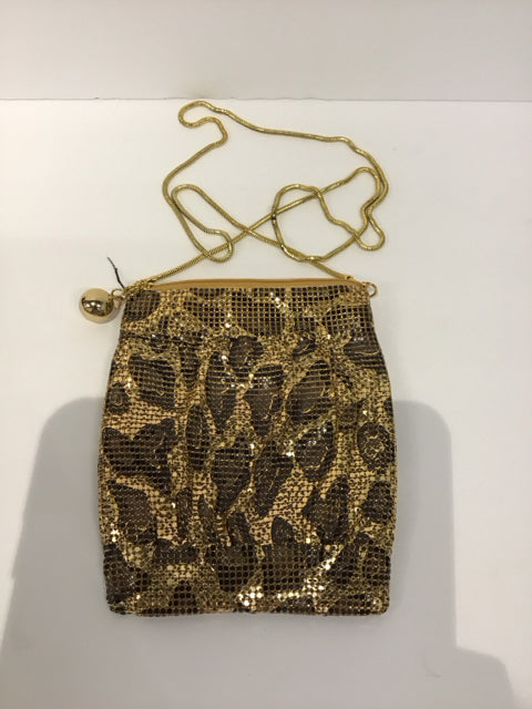 Gold Tone Metal Mesh Leopard Print Handbag