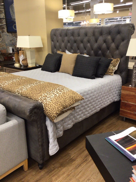 Charcoal Leather Tufted King Bed