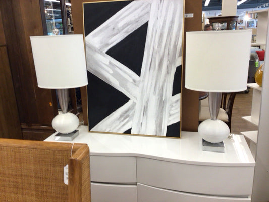 Pair Of White Ball Table Lamps W/Shades