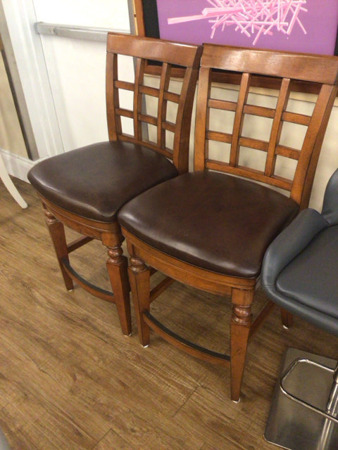 Pair Of Wood & Leather Bar Stools
