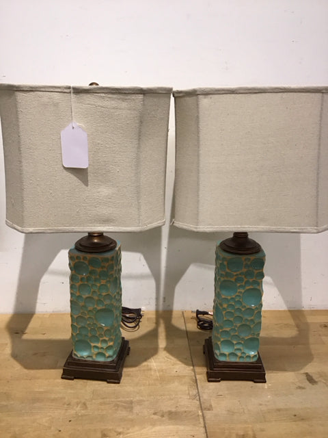 Pair Of 28" Aqua Bubble Pattern Table Lamps