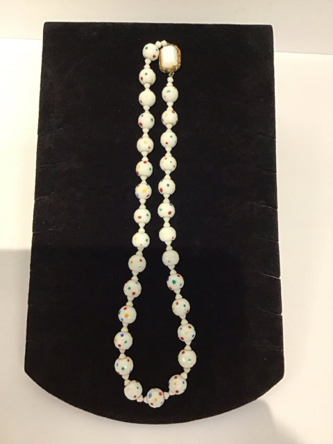 White Bead Necklace w/Multicolor Spots