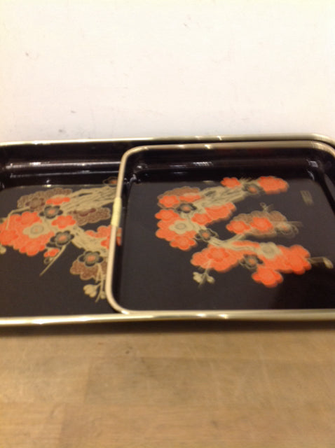 Tray- Set Of 2 Asian Lacquer Floral