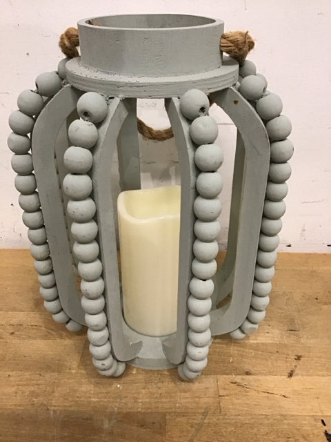 12" Teal Wood Beadded Battery Operated Lantern
