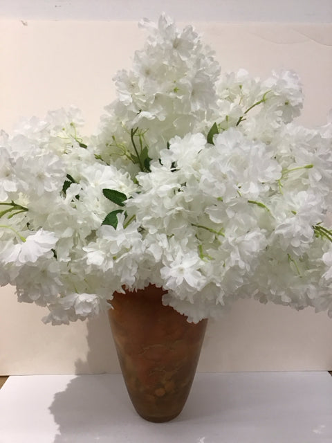 White Hydrangeas in Gold Art Glass Vase