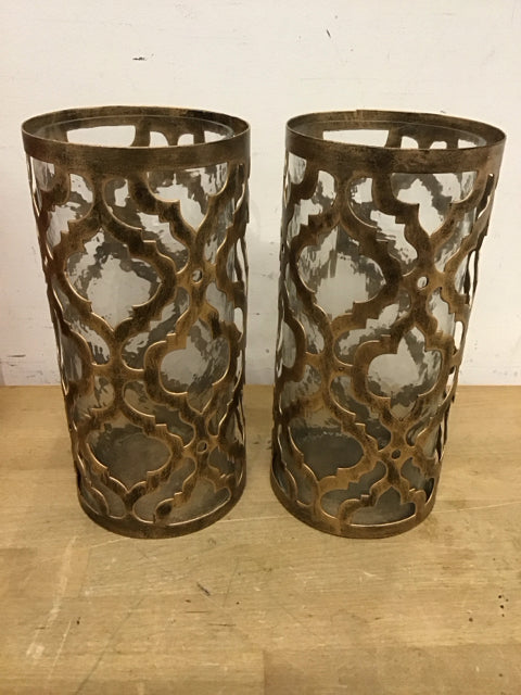 Pair Of Metal Morrocan Style Glass Hurricane Candle Holder