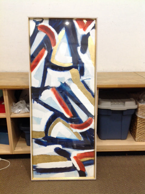 25x61 Framed Red/Blue/Gold Abstract Mixed Media