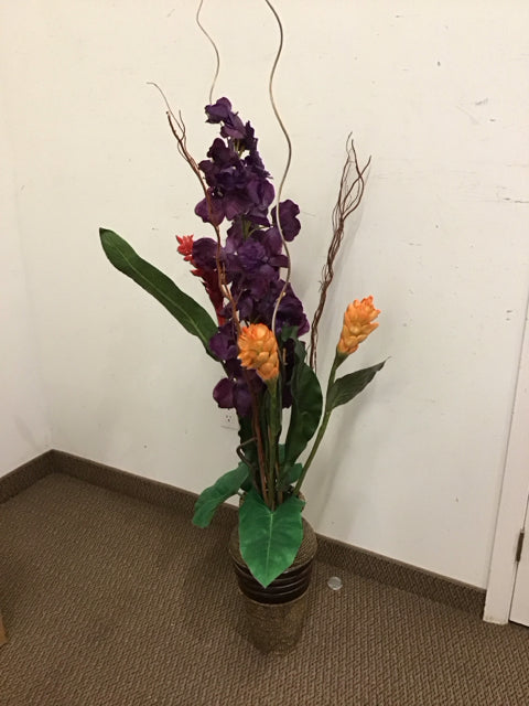 65" Faux Purple Orchid Torch Ginger Red Ginger W/Wicker Vase
