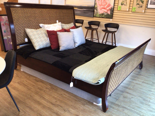 AS-IS Wood & Rattan King Sleigh Bed(No Slat Supports)