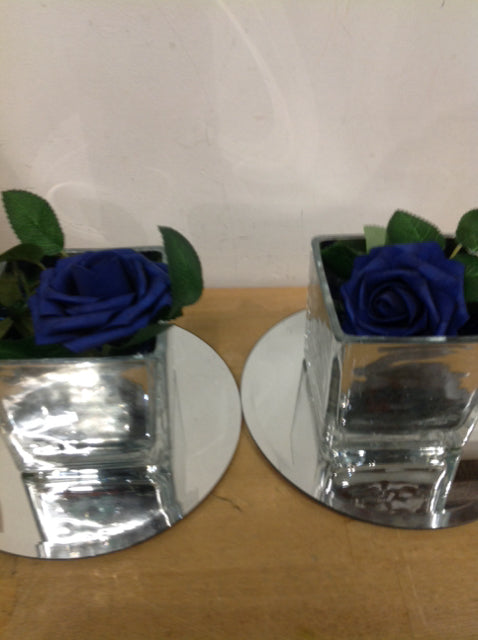 Set Of 2 Blue Rose Flower Mirror Tray