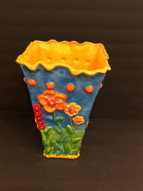 13" Orange/Blue Ceramic Vase