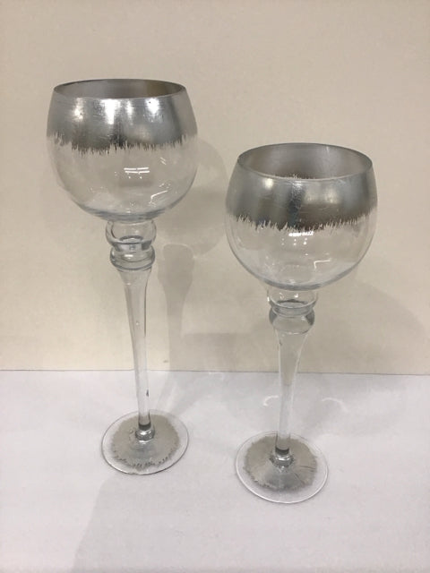 Pair Graduated Glass Candle Holders w/Silver Accents
