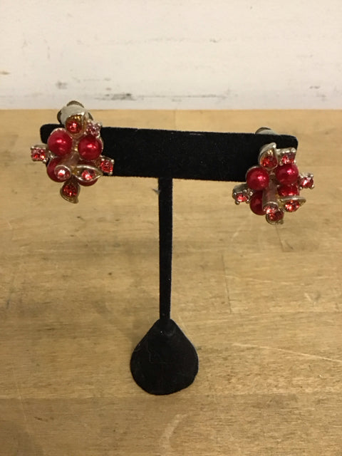 Ruby Red Rhinestone Goldtone Clip Earrings