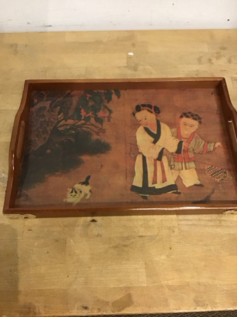 17"x12" Vintage Wooden Asian Style Tray