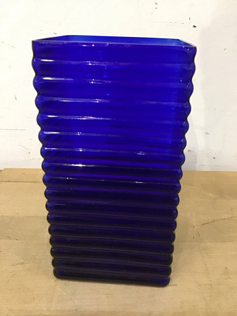 8" Blue Square Ribbed Vase