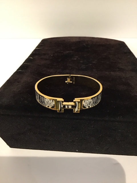 Hermes Style Gold/Enamel Zebra Cuff Bracelet